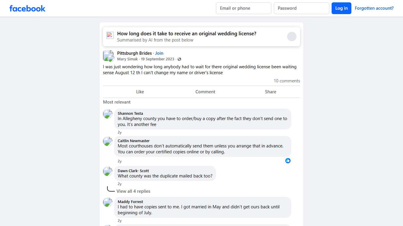 Pittsburgh Brides I was just wondering how long anybody had to wait for there original wedding license been waiting sense August 12 th I can't change my name or driver'... Facebook